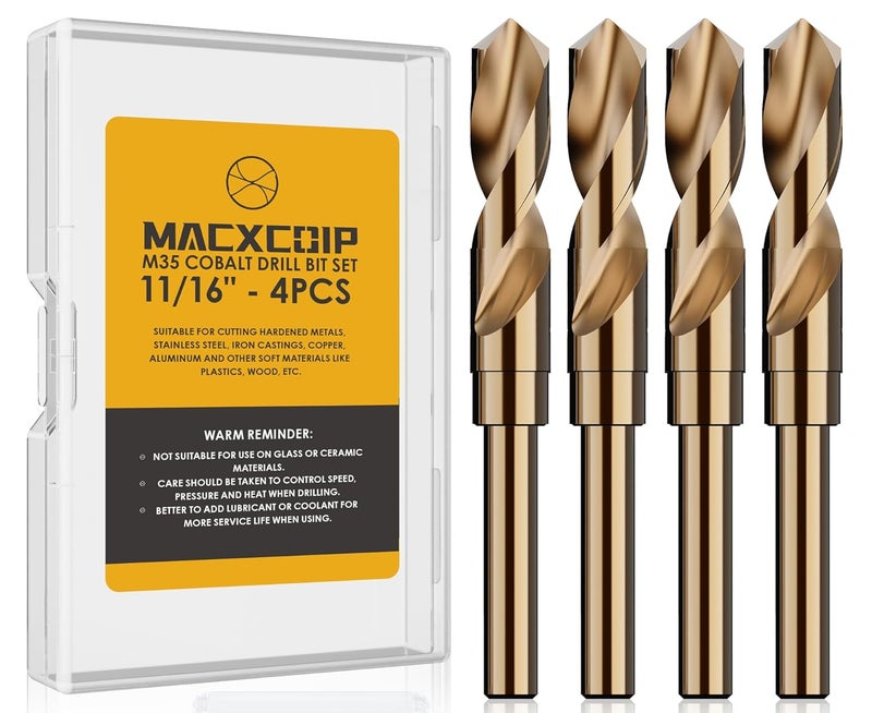 MACXCOIP 11/16" (4pcs) Cobalt Drill Bit Set - 6Inch Length, M35 High Speed Steel Jobber Length Drill Bit Kit for Hardened Metal, Stainless Steel, Cast Iron, Wood and Plastic, with Index Storage Case - Image 1